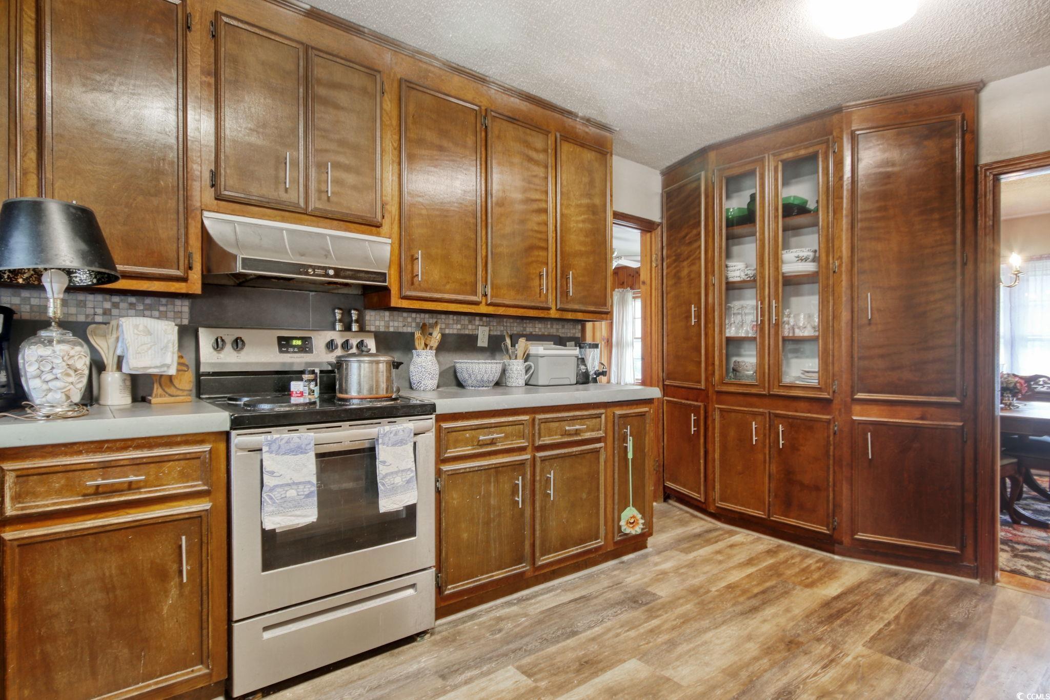 2004 Seitter Street Georgetown, SC 29440 - Photo 10 of 33 Kitchen featuring stainless steel electric stove, ventilation hood, light countertops, backsplash, and a textured ceiling