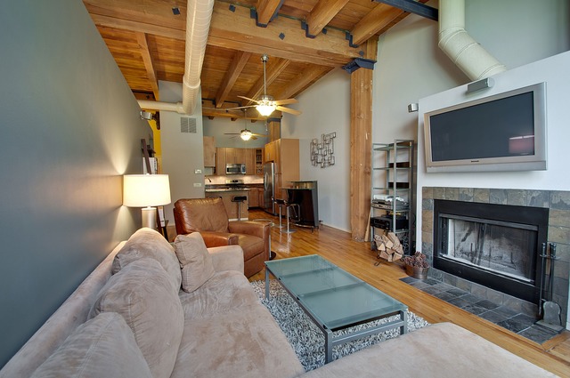 525 North Ada Street, Unit 27 Chicago, IL 60642 - Photo 6 of 18 a living room with furniture a flat screen tv and a fireplace