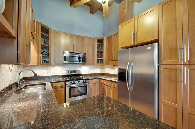 525 North Ada Street, Unit 27 Chicago, IL 60642 - Photo 8 of 18 a kitchen with stainless steel appliances granite countertop a refrigerator a stove and a sink