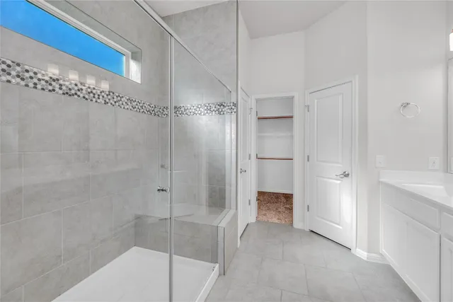 a bathroom with a shower and a sink