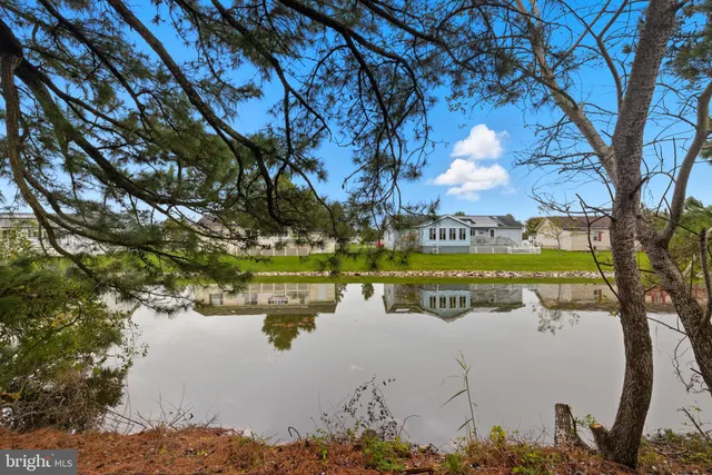 a view of swimming pool with a lake and trees in the back
