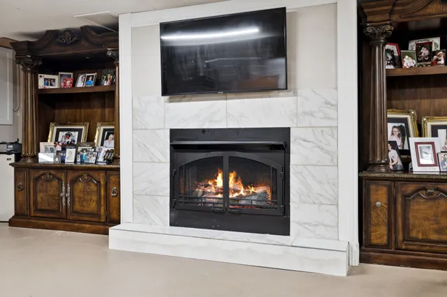 a view of a park with large trees