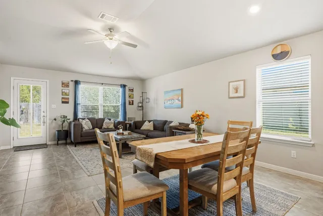 a view of a dining room with furniture window and outside view