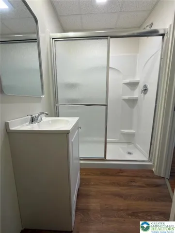 a bathroom with a sink and a mirror