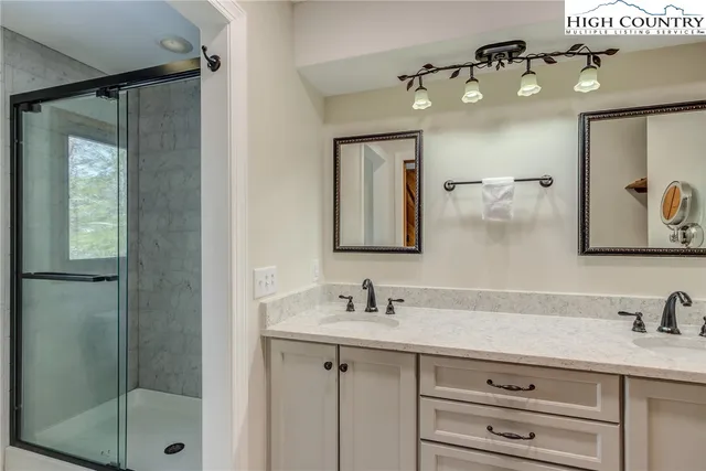 a bathroom with a shower a mirror and a sink