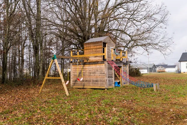 a view of a backyard with a tree