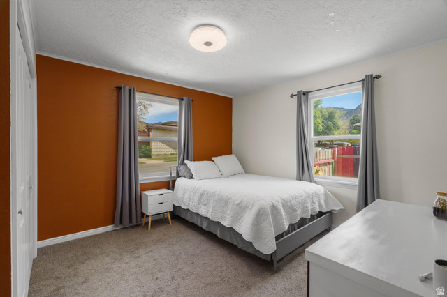 961 33rd Street Ogden, UT 84403 - Photo 14 of 39 Carpeted bedroom featuring a textured ceiling, a flush mount light fixture, and two windows with mountain scenery