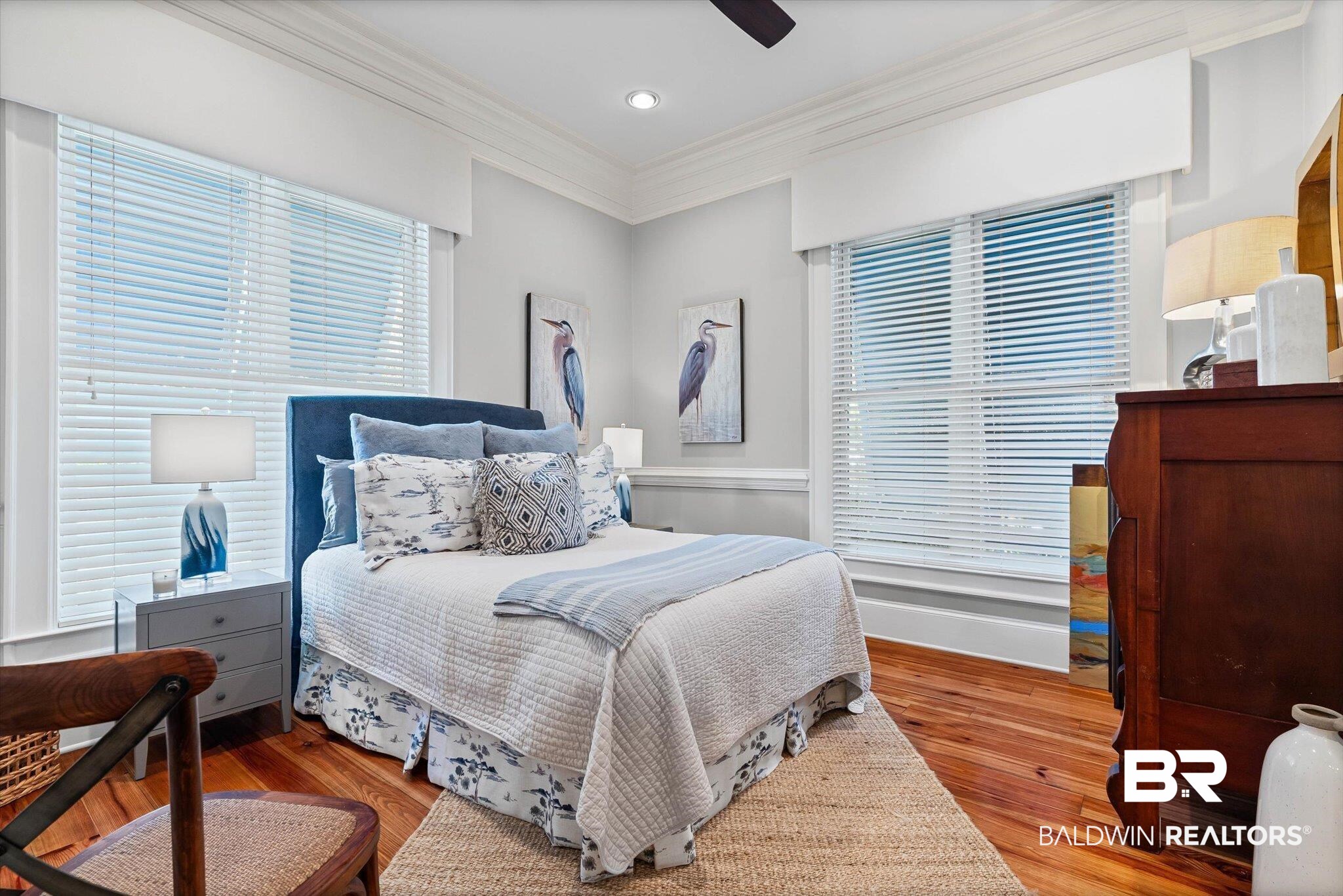 7015 Bay Road Mobile, AL 36605 - Photo 27 of 53 Bedroom with light wood finished floors, ornamental molding, and ceiling fan