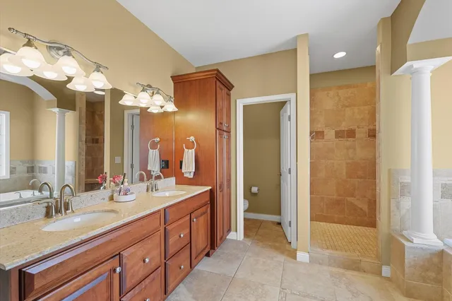 a bathroom with a double vanity sink mirror and toilet