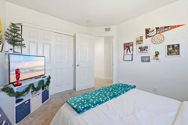a bedroom with a bed and a flat screen tv