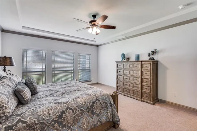 a bedroom with a bed dresser and a ceiling fan