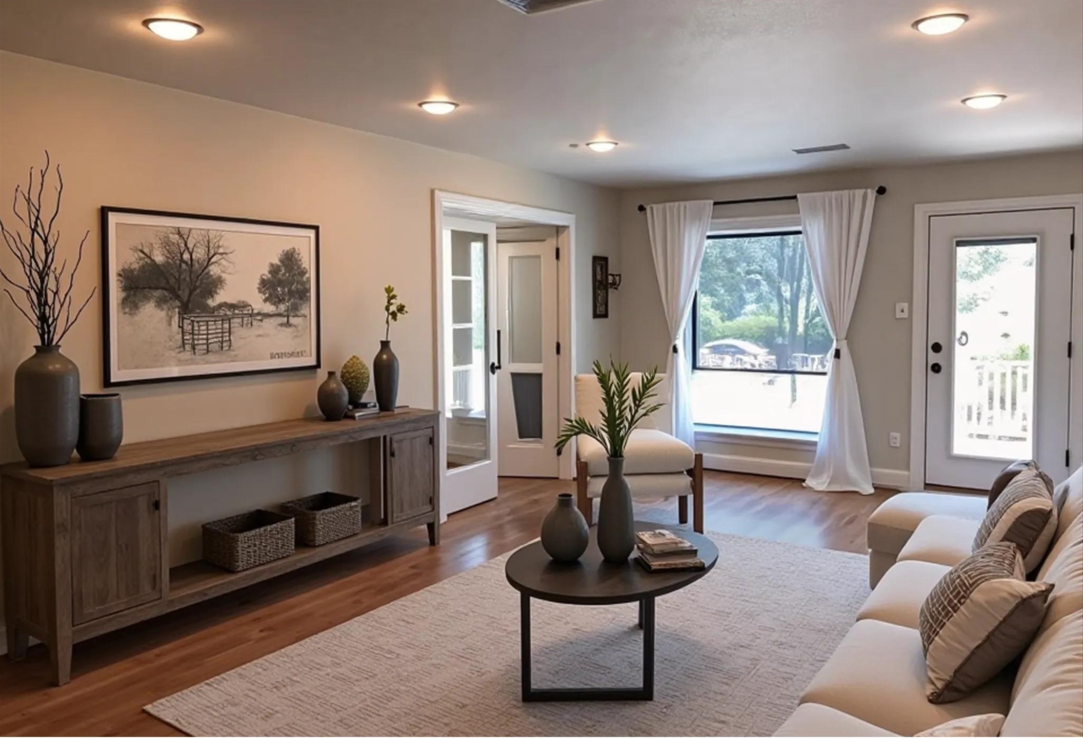 [Living Room] This inviting living room features rich dark hardwood floors and neutral walls. To the right, access the master and guest bedrooms. On the left, double doors open to a spacious study and the oversized front porch.  Virtually Staged