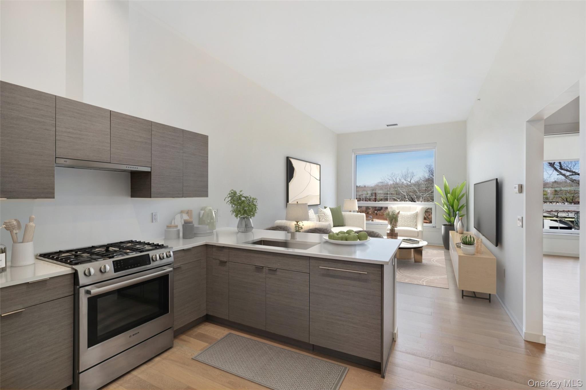 2 2nd Street, Unit 34 Rye, NY 10580 - Photo 3 of 6 Kitchen with modern cabinets, a sink, a peninsula, light countertops, and stainless steel range with gas stovetop
