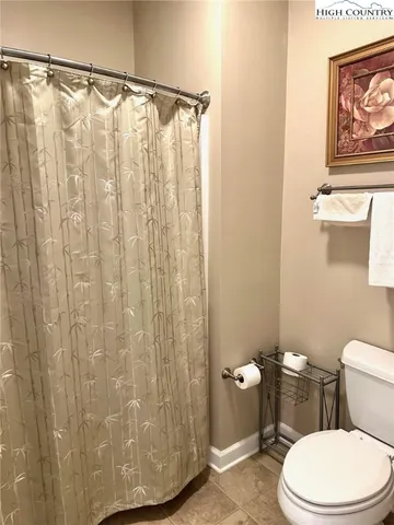 a white toilet sitting next to a shower curtain