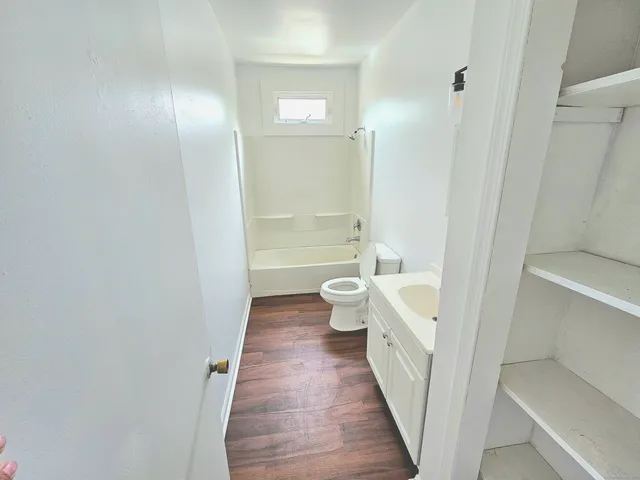 a bathroom with a bathtub and a toilet