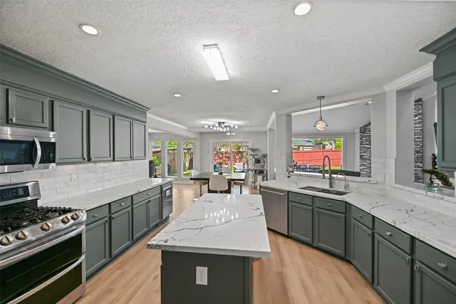 a kitchen with lots of counter top space
