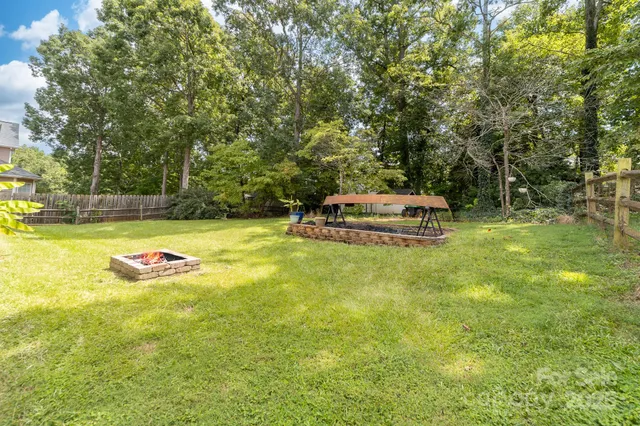 a view of a yard with plants and large trees