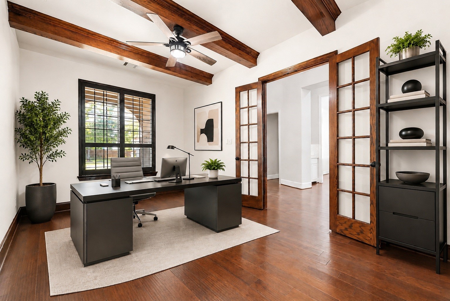 28226 South Firethorne Road Katy, TX 77494 - Photo 13 of 39 Located on the main level, this quiet sanctuary for productivity is defined by a stunning beamed ceiling, wood flooring, and elegant French doors. Virtually staged.