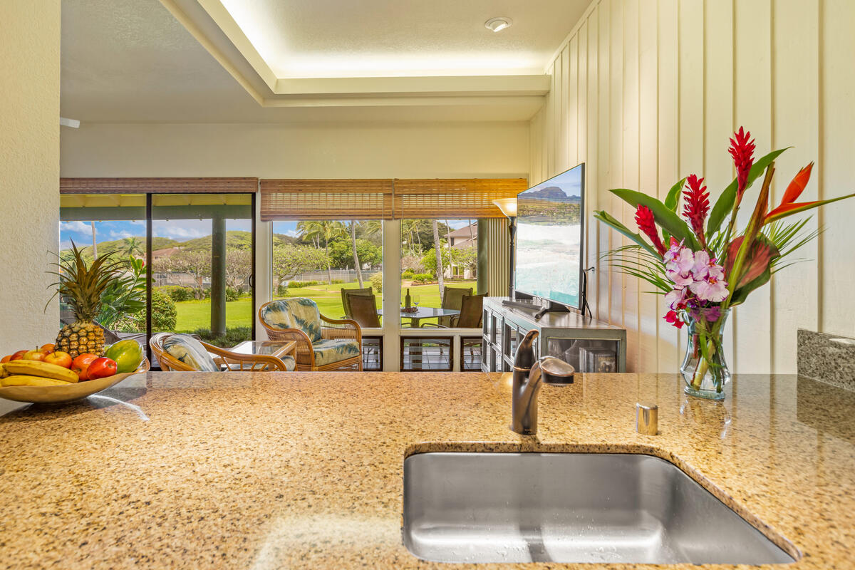 2371 Ho'ohu Road, Unit 801 Koloa, HI 96756 - Photo 5 of 28 a kitchen with a sink and a potted plant