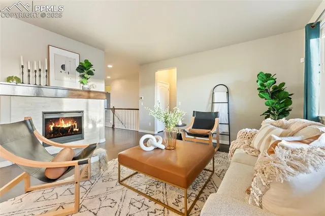 a living room with furniture a fireplace and a potted plant