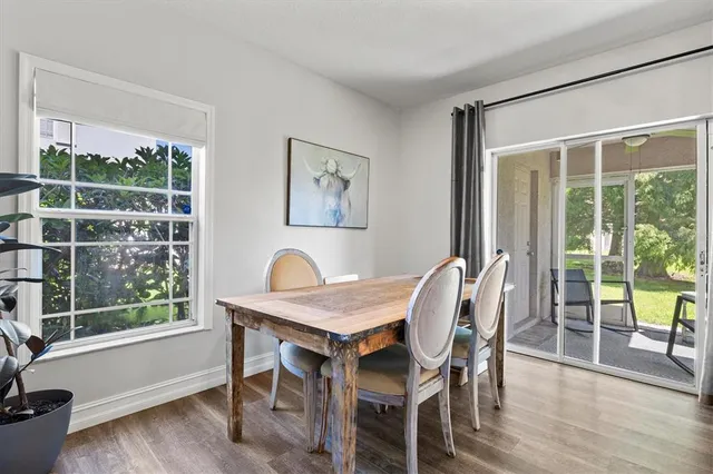 a view of a dining room with furniture window and wooden floor
