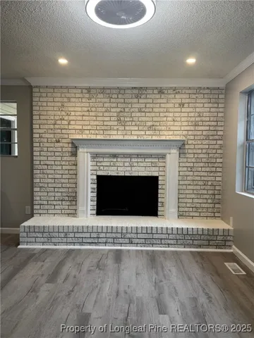 a room with a fireplace