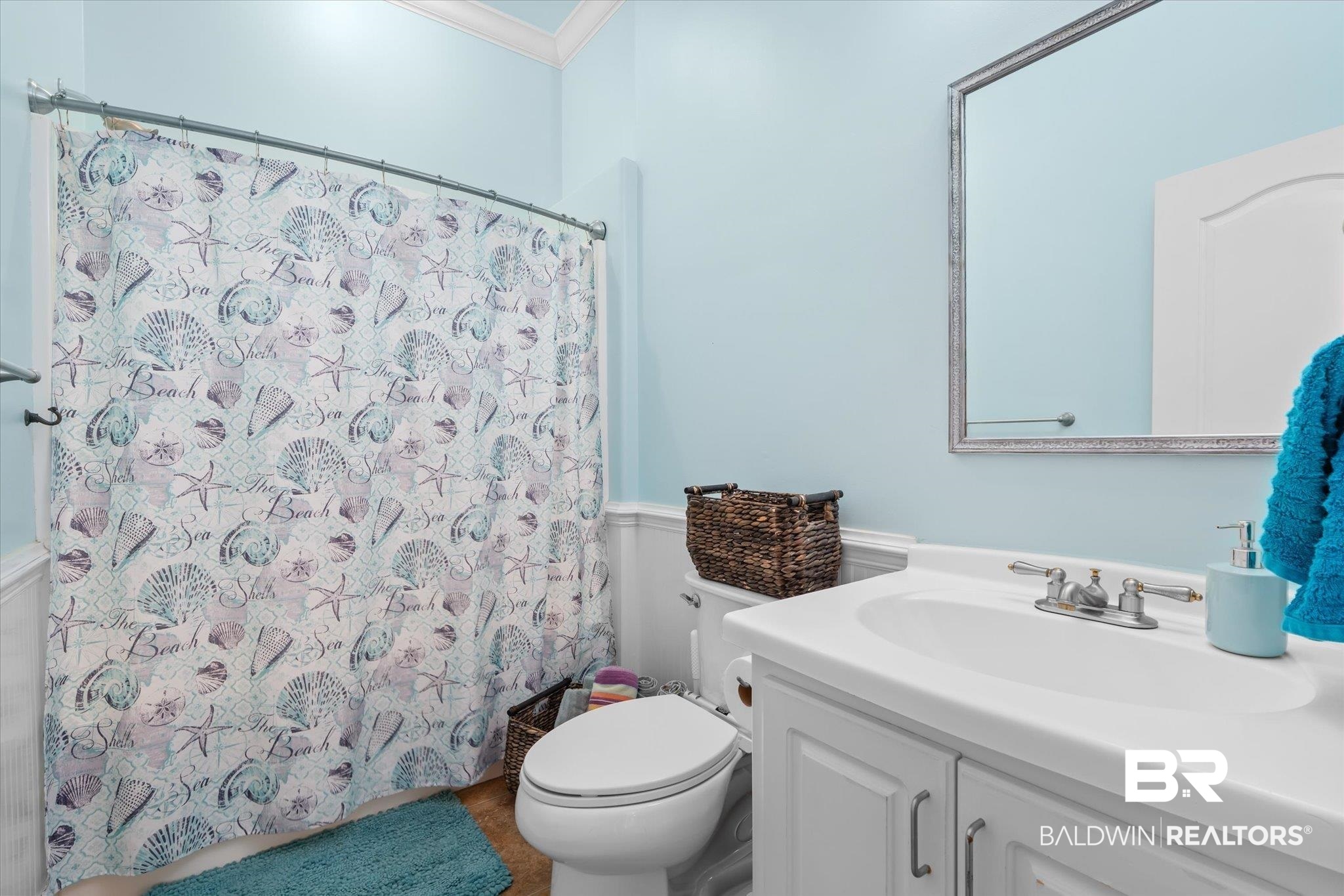 15635 County Road 83 Elberta, AL 36530 - Photo 17 of 54 Bathroom featuring vanity, toilet, walk in shower, and crown molding