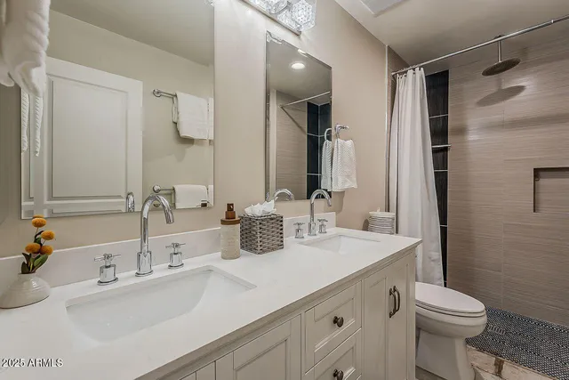 a bathroom with a sink toilet double vanity and shower