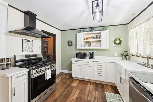a kitchen with stainless steel appliances a stove a sink and white cabinets