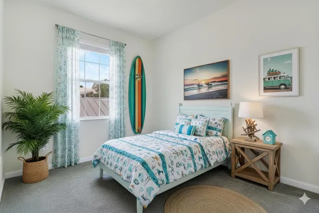 a bedroom with a bed and a potted plant