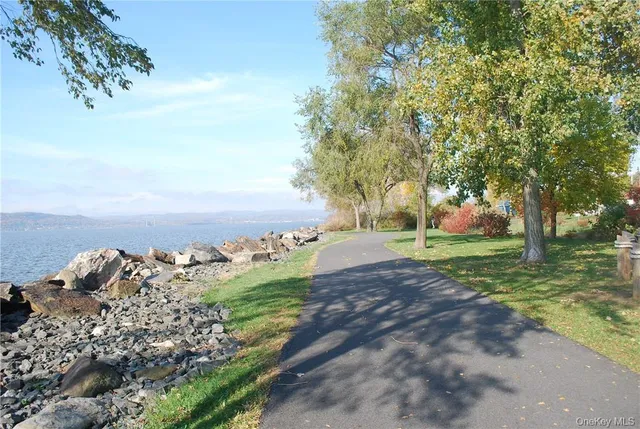 a view of a street with a yard and trees