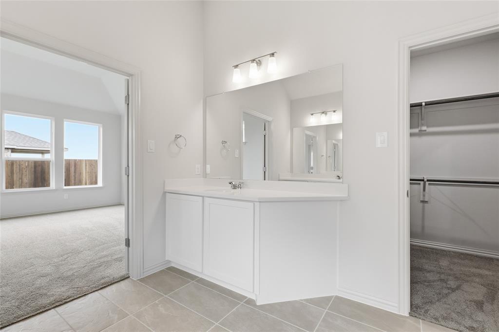 3737 Pitchfork Terrace Anna, TX 75409 - Photo 18 of 33 Vanity area featuring a single sink, light-colored countertop, and integrated mirror with overhead lighting