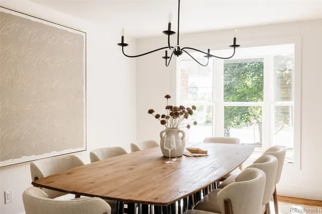 a view of a dining room with furniture window and outside view