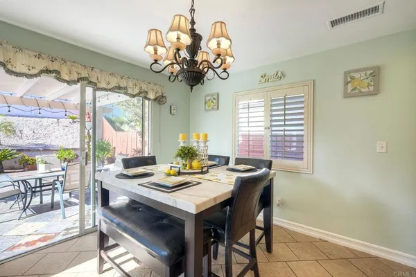 a view of a dining room with furniture window and outside view