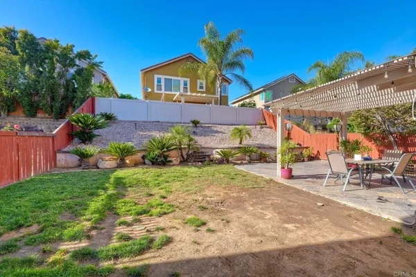 a view of a backyard with table and chairs under an umbrella