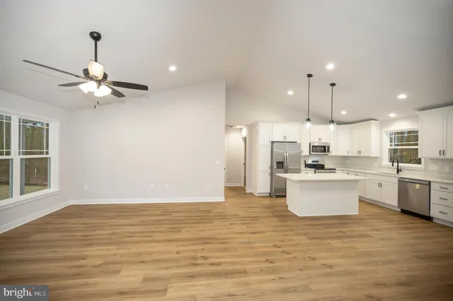 a view of kitchen with kitchen island stainless steel appliances sink cabinets and wooden floor