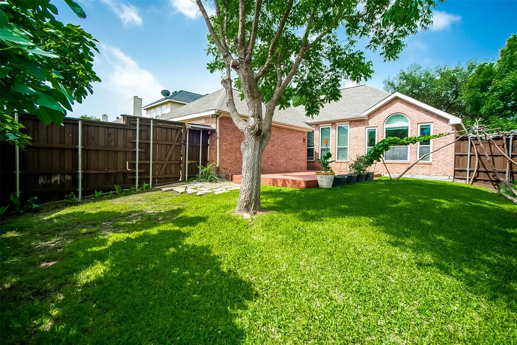 8308 Spring Ridge Drive Plano, TX 75025 - Photo 19 of 28 Expansive green lawn with mature tree shading, featuring a wood deck patio