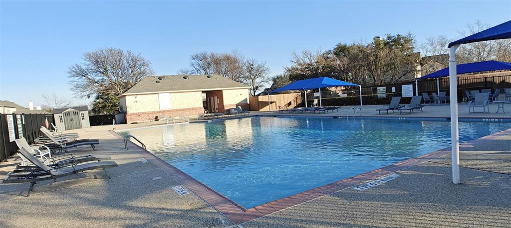 8308 Spring Ridge Drive Plano, TX 75025 - Photo 21 of 28 Community swimming pool featuring a textured deck, multiple lounge chairs, and shaded seating areas