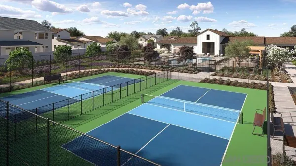 a view of a tennis ground with large trees