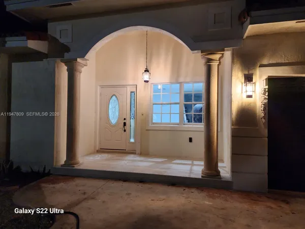 a garden view with a seating space