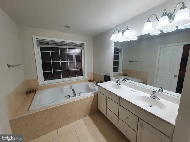 a bathroom with a tub sink double vanity and a mirror