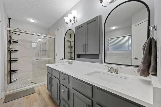 a bathroom with a double vanity sink mirror and shower