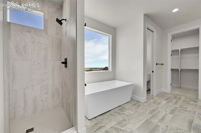 a bathroom with a bathtub and a shower