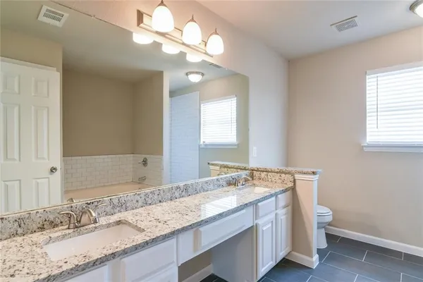 a bathroom with a granite countertop double vanity and a mirror