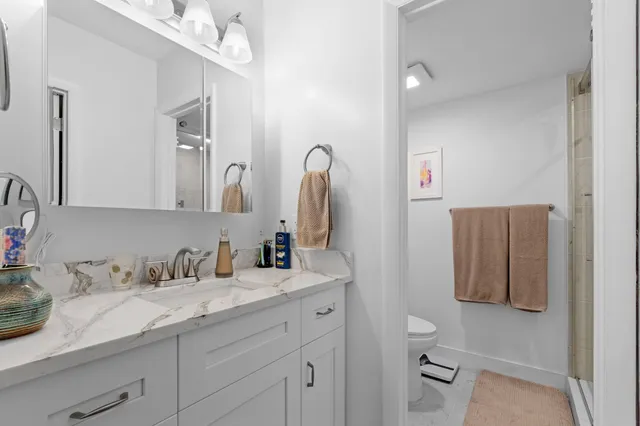 a bathroom with a granite countertop sink toilet and mirror