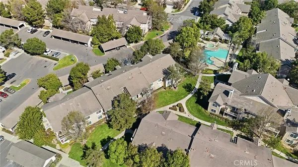 an aerial view of a swimming pool
