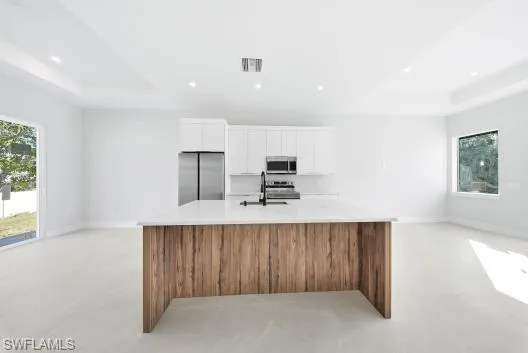 a kitchen with refrigerator cabinets and double vanity