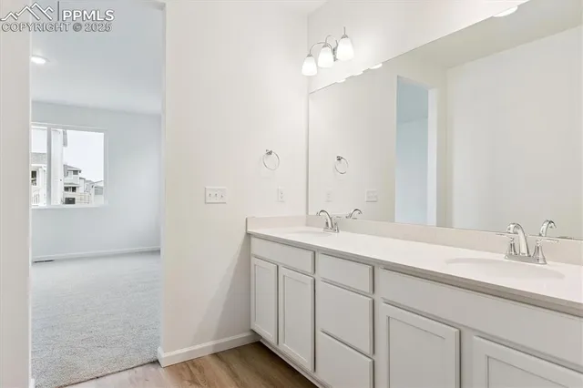 a bathroom with a sink double vanity and a mirror