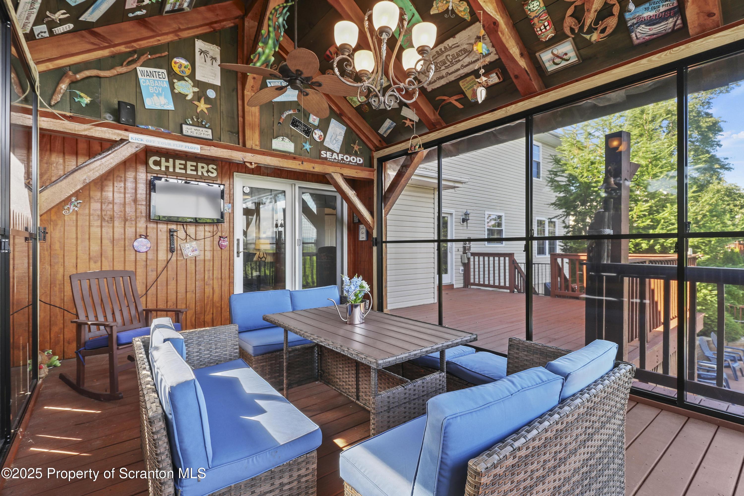 123 Ridgeview Drive Scranton, PA 18504 - Photo 29 of 53 a view of a patio with couches table and chairs with wooden floor and fence