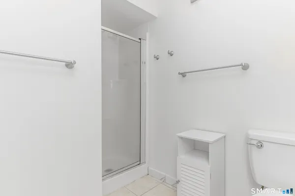 a bathroom with a shower and toilet